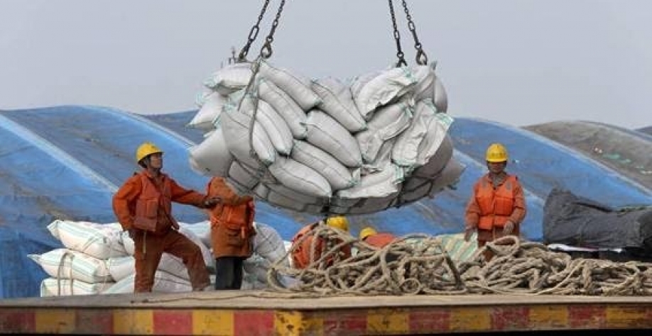 Sacas de soja são desembarcadas no porto de Nantong, na China