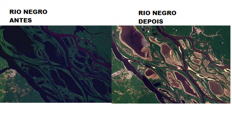 Imagens de satélite mostram antes e depois de rios da amazônia na seca